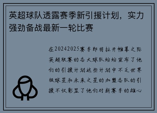 英超球队透露赛季新引援计划，实力强劲备战最新一轮比赛